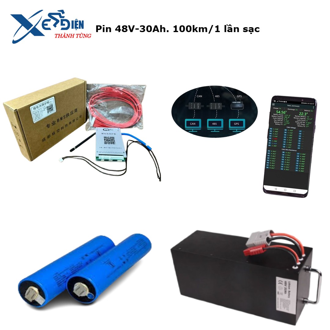 Pin 30ah được ghép song song 2 pin 15ah chính hãng loại A cao cấp nhất của EVE và mạch BMS JK có chức năng cân bằng chủ động, quản lý sạc và xả thông minh